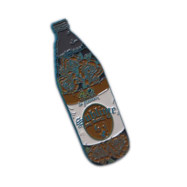 blue metal bottle lapel pin with glow